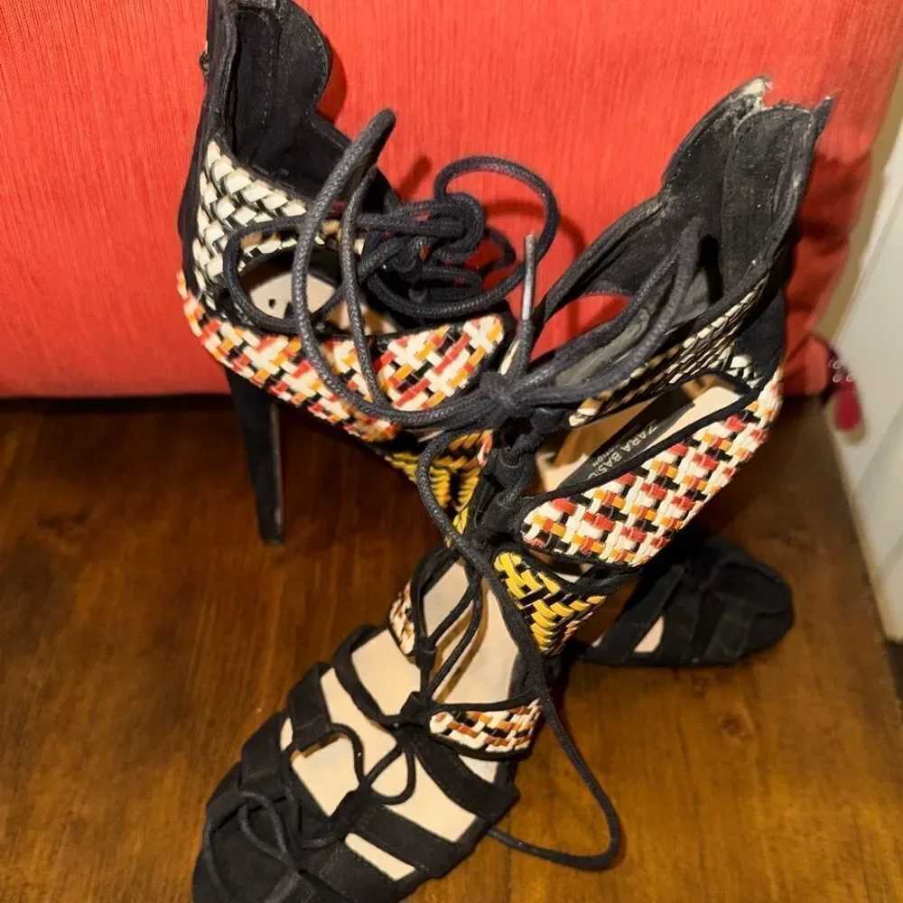 ZARA Sandal Strappy Black Faux Suede Woven Multicolor Stiletto Heel EUC sz 41